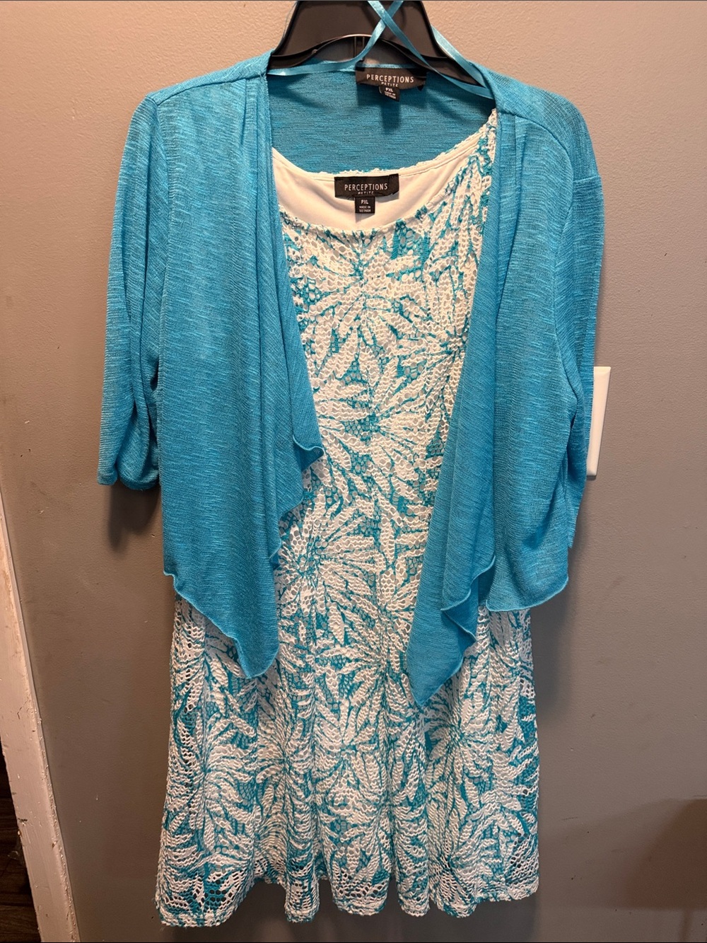 Perceptions Aqua Lace Dress with Aqua Open Cardigan worn twice